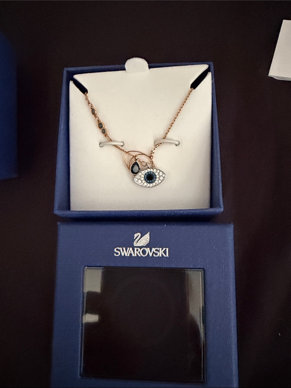 Swarovski Rose Gold Evil Eye Necklace with Blue and White Crystals